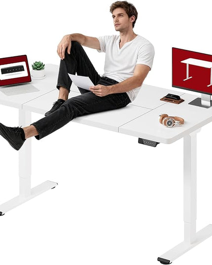 SANODESK Standing Desk Height Adjustable Electric Stand up Desk 63x28 Inches Sit Stand Home Office with Splice Board, White Frame/White Top