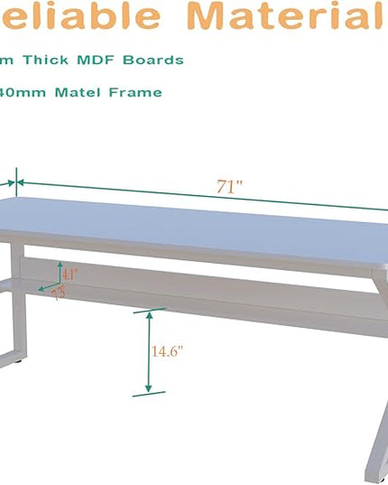 Extra Long Desk with Bookshelf - 71" Double Long Writing Table for 2-Person Workstation, Modern Study Work Computer Desk for Home and Office, Warm White
