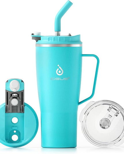 Ideus 32 oz Tumbler with Handle and Straw, Vacuum Insulated Stainless Steel Travel Mug, 100% Leakproof, Cup Holder Friendly, Sky Blue