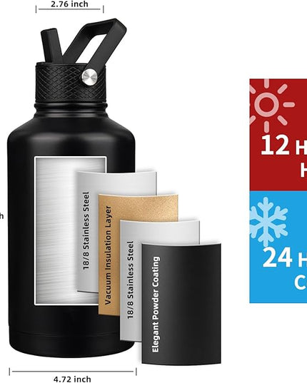 Insulated Water Bottle 64oz,Triple Wall Vacuum Stainless Steel(Dishwasher Safe),Leak Proof & Non-BPA,Flask Jug with Paracord Handle & Straw Spout Lids Sports Black