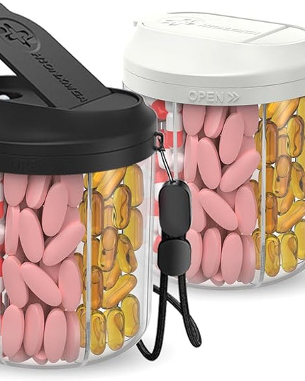 Pill Dispenser with 7 Large Compartments, 4.4" H x 3.6" Dia Pill Organizer for Travel, Supplement Organizer with Anti-Mixing Design, BPA-Free Pill Container with 20 Pcs Labels, Black+ Beige