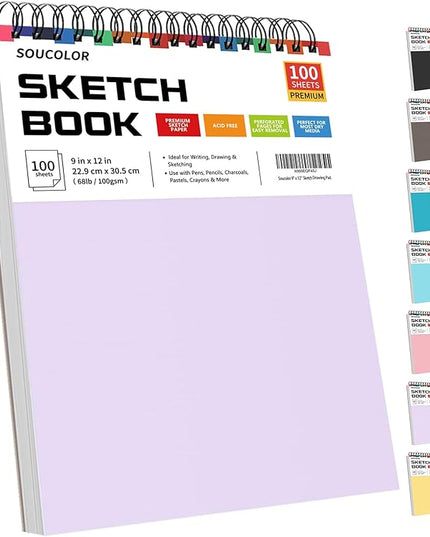 Soucolor 9" x 12" Aesthetic Sketch Book, 1-Pack 100 Sheets School Supplies Cute Sketchbook for Women, Japanese Stationary Sketching Supplies for Kids Teen Girl Gifts Birthday Gifts, Pastel Purple