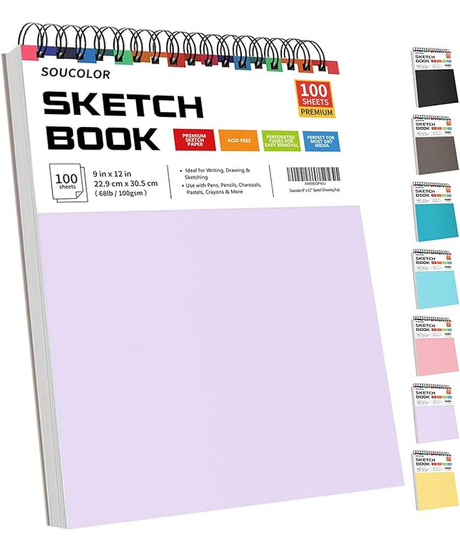 Soucolor 9" x 12" Aesthetic Sketch Book, 1-Pack 100 Sheets School Supplies Cute Sketchbook for Women, Japanese Stationary Sketching Supplies for Kids Teen Girl Gifts Birthday Gifts, Pastel Purple
