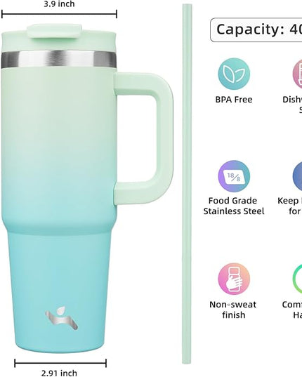 40 oz Tumbler with Handle and 2 Straws,2 in 1 Lid Insulated Water Bottle Stainless Steel Travel Coffee Mug,Mint