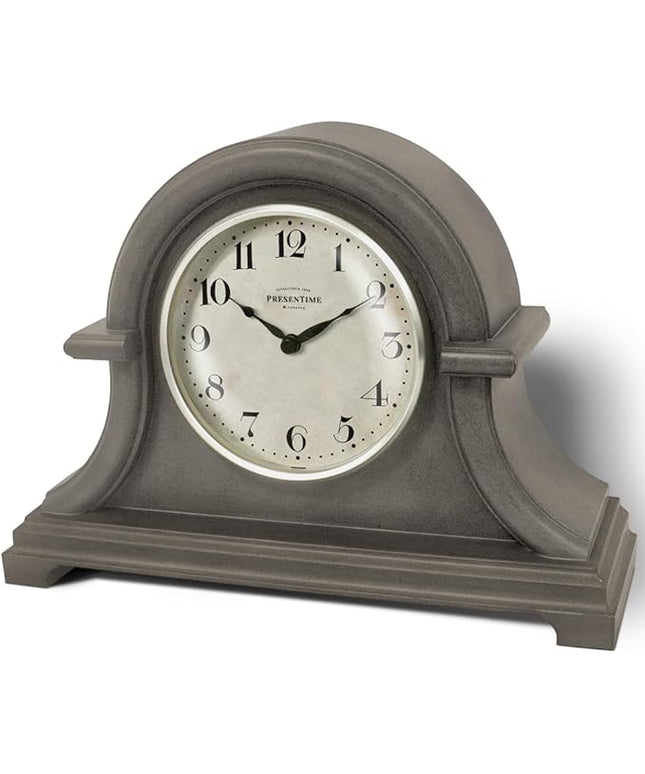 Presentime & Co. Mantel Clock Vintage Farmhouse Series, Napoleon Desk & Shelf Clock, 13 x 10 inch, Domed Lens, Quartz Movement, ABS Plastic Case, Gray Oak Finish (Home/Tabletop Decoration)