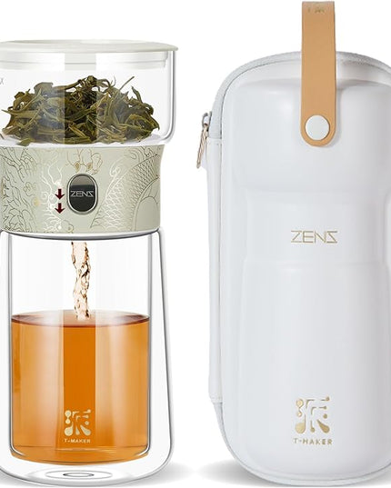 ZENS Cool Glass Teapot with Infuser, Smart One Touch Tea Maker for Loose Tea Diffusers with Insulated Mug and Portable Tea Kits, Enchanted Teapot Alternatives for Tea Lover Gifts