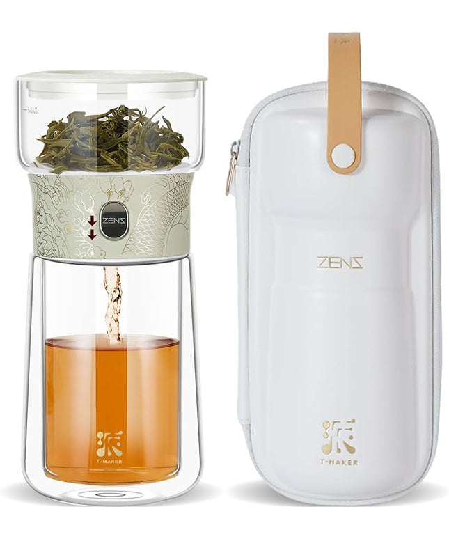 ZENS Cool Glass Teapot with Infuser, Smart One Touch Tea Maker for Loose Tea Diffusers with Insulated Mug and Portable Tea Kits, Enchanted Teapot Alternatives for Tea Lover Gifts