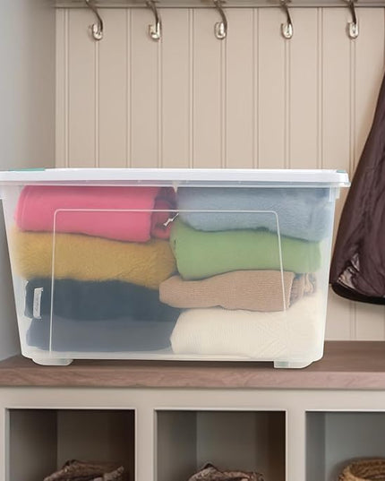 85 L Clear Latch Storage Bin with Lid and Wheels, Stackable Plastic Storage Boxs, 4 Packs