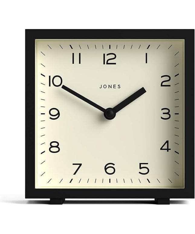JONES CLOCKS® Disco Desk Clock | Sleek Square Design | Black | Stylish and Easy to Read for Shelf, Table, Mantel or Bedside