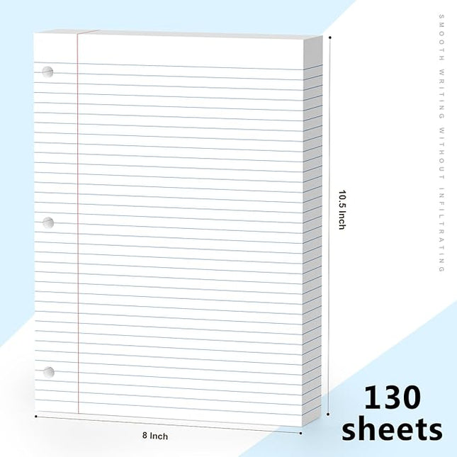 White Loose Leaf Paper 130 Sheets Filler Paper 8 * 10.5 College Ruled 3-Hole Punched for 3-Ring Binders Notebook Lined 8" x 10.5"