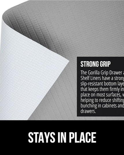 GORILLA GRIP Slip Resistant Drawer and Shelf Liner 2 Pack, Non Adhesive Water Resistant, Easy Clean and Trim, Smooth Surface Liners for Kitchen Cabinet Shelves Drawers Pantry 12 IN x 10 FT, Light Gray