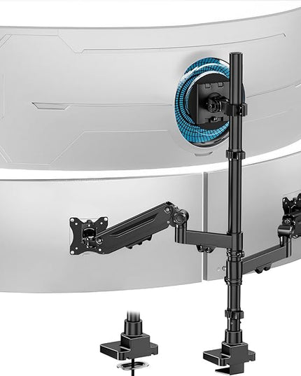 Triple Monitor Mount up to 49 inches, Fully Adjustable Heavy Duty 3 Monitor Arm with Gas Spring, Desk Mount for 3 Screens, C-Clamp & Grommet Base, Holds 44 lbs, Black