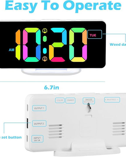 ALANAS RGB Digital Alarm Clock, Color Changing Mood Light with 10 Colors, Dual Alarm with Snooze, Dimmable Display, USB Charger, Adjustable Volume, Plug in, Bedroom Desk Clock for Teens, Adults