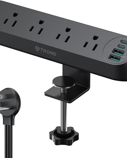 TROND Desk Clamp Power Strip USB C PD 20W- Surge Protector with 4 AC Outlets 4 USB Ports, Flat Plug 6ft Extension Cord, 1700J, ETL Listed, Fits 1.97 in Tabletop Edge, for Home Office Desk Accessories