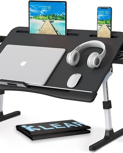 Laptop Desk for Bed, Lap Desks Trays with Double Storage Drawers, Adjustable Premium Leather Laptop Stand with Extra Drawstring Bag, Foldable Lap Table for Eating, Working, Writing and Drawing
