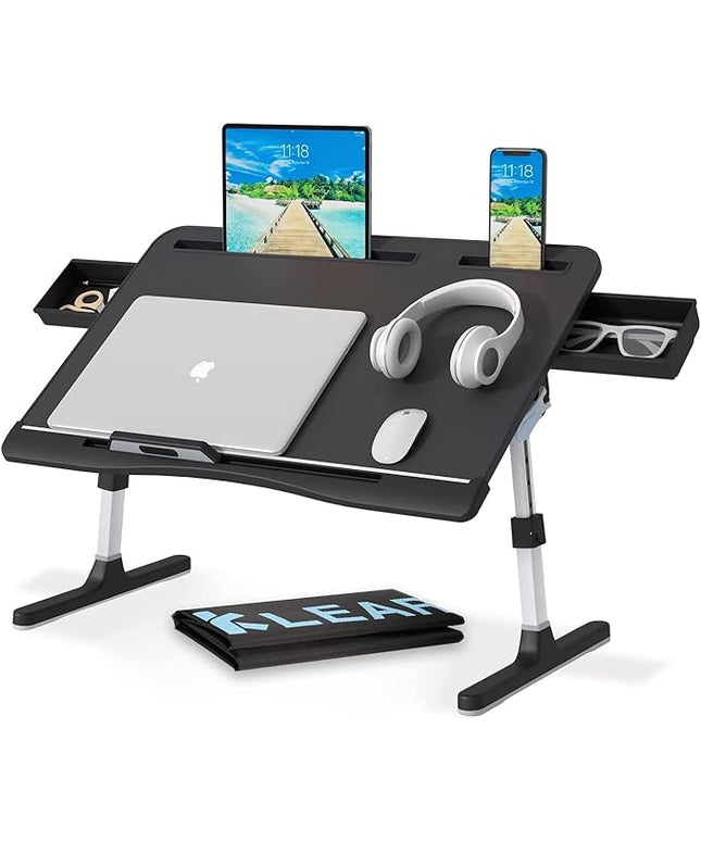 Laptop Desk for Bed, Lap Desks Trays with Double Storage Drawers, Adjustable Premium Leather Laptop Stand with Extra Drawstring Bag, Foldable Lap Table for Eating, Working, Writing and Drawing