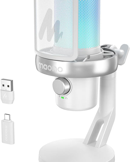 MAONO Wireless Microphone for PC, Condenser USB Mic with Software AI Voice Change,3-Level Noise Cancellation,Custom EQ, RGB Gaming Streaming Mic for Podcast PS5 PS4 Twitch YouTube (DM40 Pro-White)