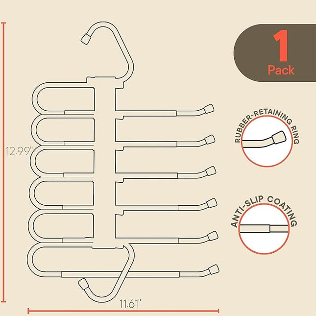 Space Saving Pants Hangers 1 Pack, 6 Layer Jeans Hangers and Closet Organizer for Jeans, Scarves, & Skirts, Multi-Layer Hanger with Anti-Slip Stopper, Heavy-Duty S-Type Stainless Steel, Gray