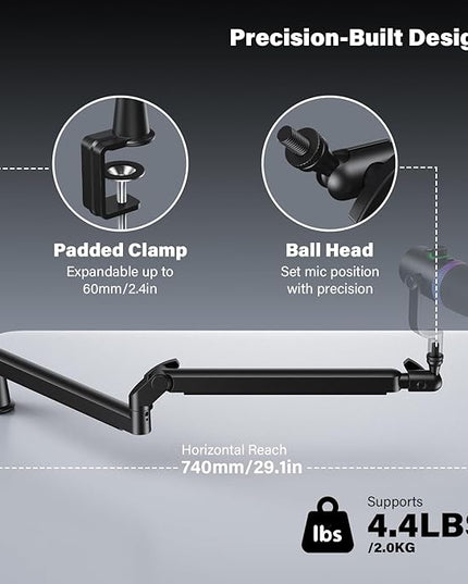 Low Profile Mic Arm, Cable Management Microphone Boom Arm, Full Aluminum Adjustable Mic Stand with Desk Clamp, 360°Rotatable Heavy Duty Microphone Stand for Streaming, Podcasting, Recording