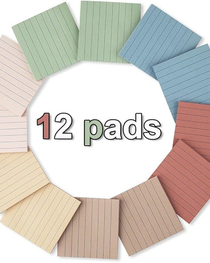 (12 Pack) Lined Sticky Notes 3x3 in,Notepads with Lines,Ruled Stickies Super Sticking Power,Office School Memo Note Pads Vintage Colors,Post on Windows Doors,Recyclable,Easy to Write on