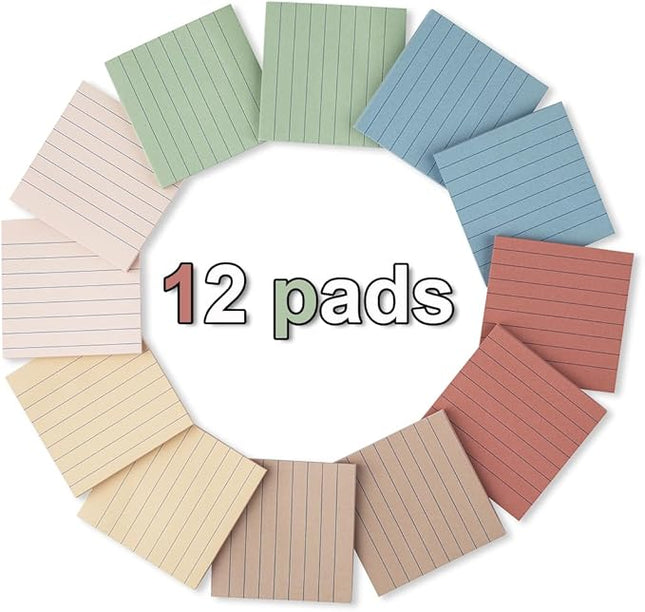 (12 Pack) Lined Sticky Notes 3x3 in,Notepads with Lines,Ruled Stickies Super Sticking Power,Office School Memo Note Pads Vintage Colors,Post on Windows Doors,Recyclable,Easy to Write on