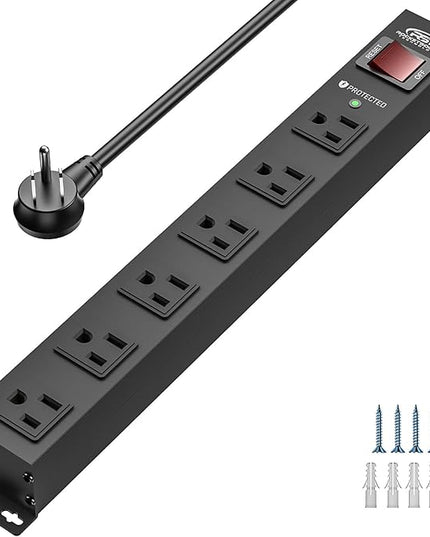 CRST 6 Outlet Heavy Duty Power Strip with Switch, 15A/1875W Metal Mountable Power Strip Surge Protector 2100Joules, Wide Spaced Power Bar for Garage Worshop Home School, 6 FT Cord