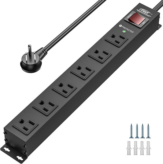 CRST 6 Outlet Heavy Duty Power Strip with Switch, 15A/1875W Metal Mountable Power Strip Surge Protector 2100Joules, 10 FT Wide Spaced Power Bar
