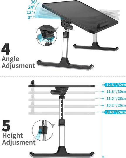 SAIJI PU Leather Laptop Bed Tray Table, Adjustable Laptop Stand with Removable Stopper, Portable Lap Desks with Foldable Legs, Notebook Stand Breakfast Reading Desk for Sofa Couch(Large, Black)