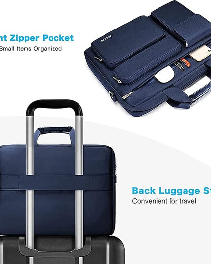 MOSISO Laptop Shoulder Bag 13.3 inch, 13-14 inch Computer Bag Compatible with MacBook Air/Pro 13 / Pro 14, HP Dell ASUS Lenovo with 2 Raised&1 Flapover&1 Horizontal Pocket&Handle&Belt, Navy Blue