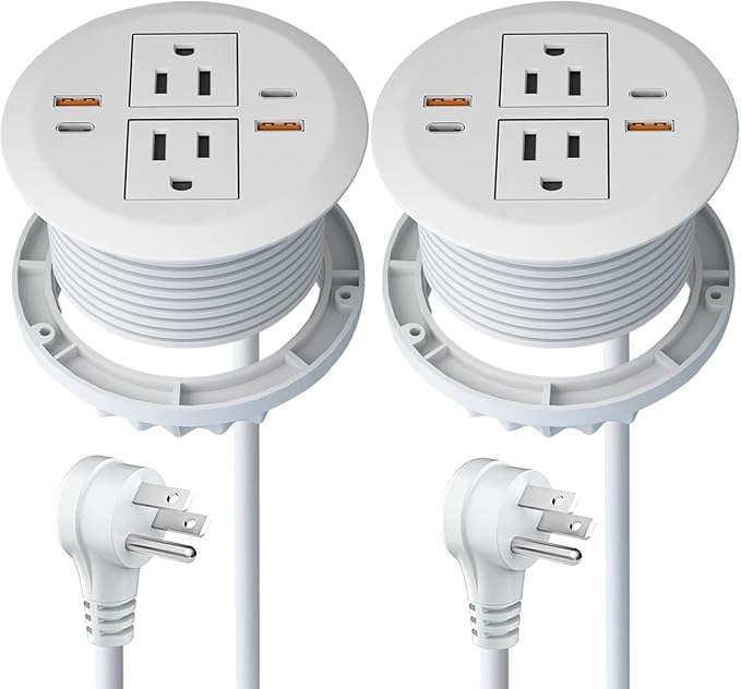 2pcs Desktop Power Grommet,Dual PD20W USB C,40W Total Output,4 USB Ports,Flush Mounted for 3-1/8" Desk Grommet Holes,Round Recessed Outlet,ETL-Certified,Flat Plug,6.4 ft,White