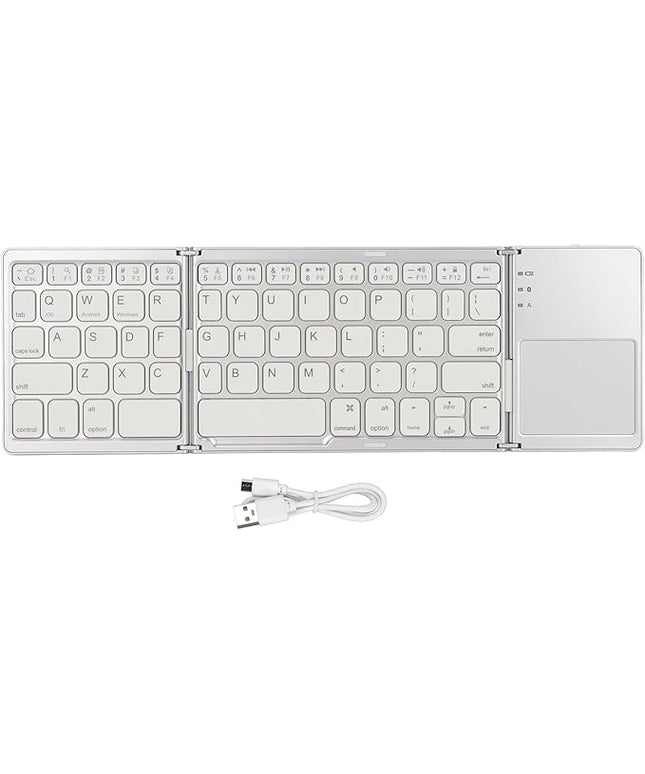 Wisoqu Foldable Keyboard with Touchpad, 3 Folding Wireless Keyboard 63 Keys 10m Connection USB Charging, for iOS for Laptop Tablet Smartphone (Silver White)
