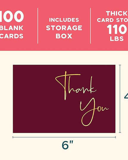 VNS Creations Gold Foil Thank You Cards With Envelopes Bulk Set & Stickers - 100 Pack 4x6 Blank Thank You Notes Box Set - Large Note Card Small Business, Wedding, Baby Shower & Bridal Shower - Wine