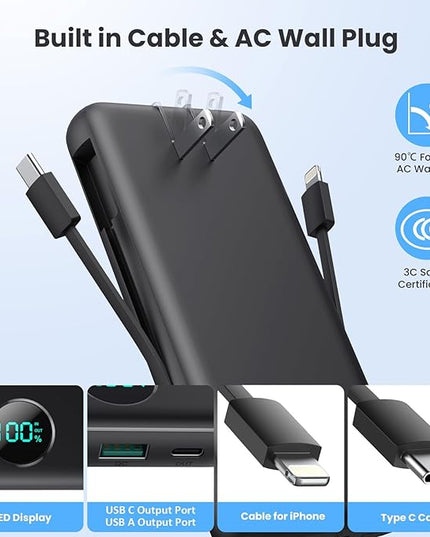 Portable Charger 33800mAh USB C Power Bank with Built-in Cables & AC Wall Plug,25W Fast Charging+QC 4.0 Phone Charger,4 Output Travel Essentials Battery Pack for iPhone16/15/14/13,Samsung,Android etc