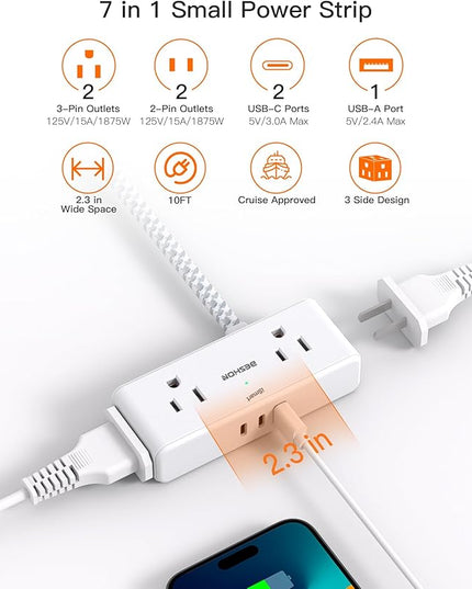 Extension Cord 10 ft, BESHON Flat Plug Power Strip, 4 Widely Outlets with 3 USB Ports (2 USB C), Extension Cord with Multiple Outlets for Home, Office, Dorm Room Essentials