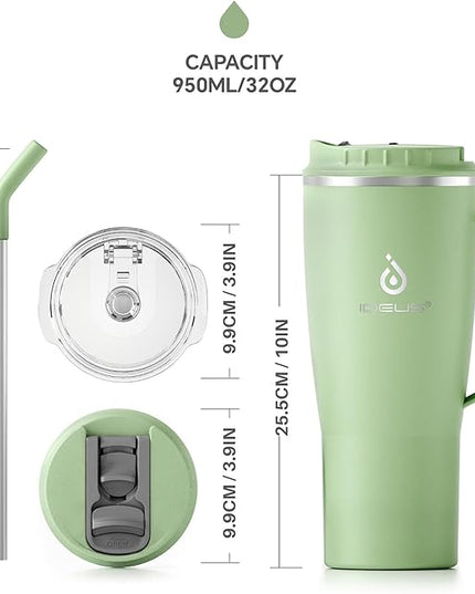 Ideus 32 oz Tumbler with Handle and Straw, Vacuum Insulated Stainless Steel Travel Mug, 100% Leakproof, Cup Holder Friendly, Avocado Green