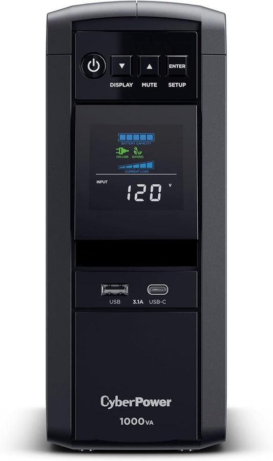 CyberPower CP1000PFCLCD PFC Sinewave UPS Battery Backup and Surge Protector, 1000VA/600W, 10 Outlets, AVR, Mini-Tower; UL Certified