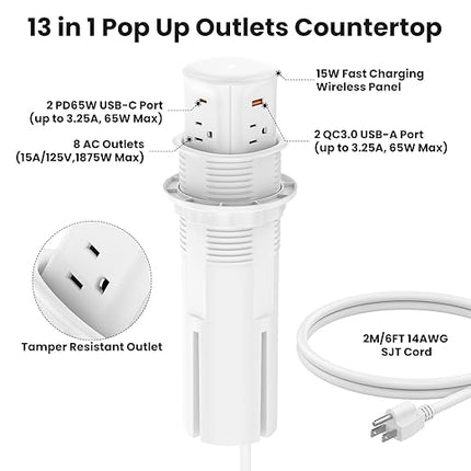 VILONG Pop Up Outlet with 15W Wireless Charger,4 USB Ports,8 Outlets,Space-Saving Concealed Design,Pop up Power Outlet for Conference Table,Kitchen Countertop (ETL Listed)
