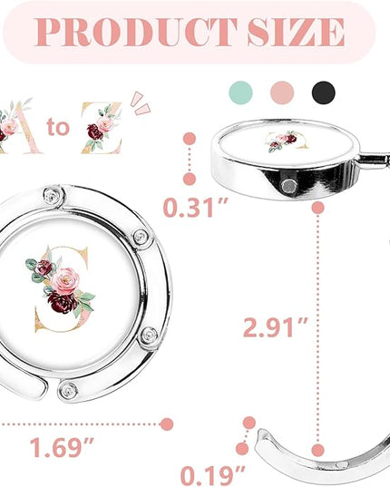 Iqimott 3pcs Personalized Initial Foldable Purse Hook for Table, Flower Letter Folding Handbag Hanger Portable Magnet Table Hook Holder, Collection Desk Purse Hooks for Women Bag (Pink-S)