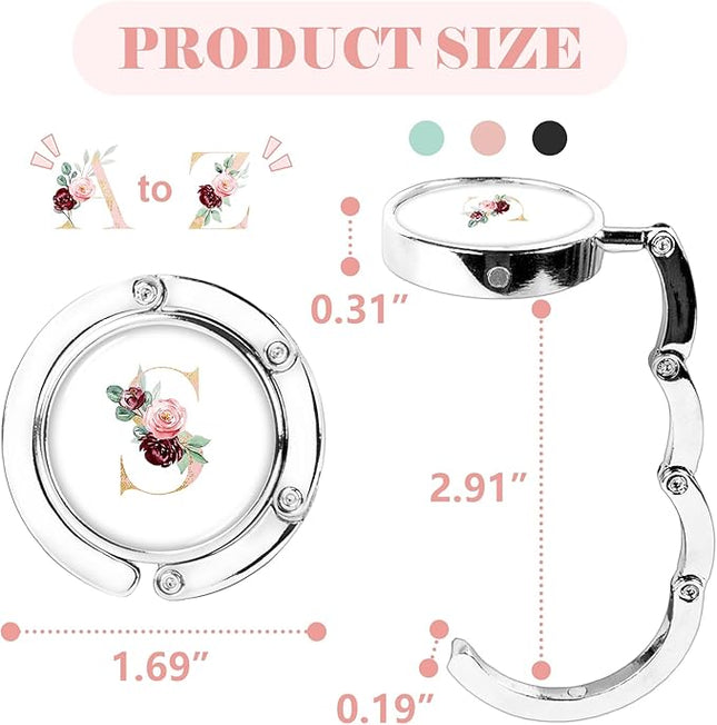 Iqimott 3pcs Personalized Initial Foldable Purse Hook for Table, Flower Letter Folding Handbag Hanger Portable Magnet Table Hook Holder, Collection Desk Purse Hooks for Women Bag (Pink-S)
