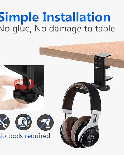 Goldmille Aluminum Headphone Stand Hanger Foldable with Cable Clip Headset Holder Clamp Hook Under Desk, Save Your Space While Working & Gaming