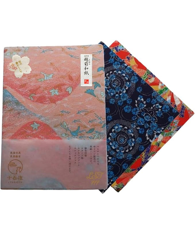 Made in Japan Echizen Washi Notebook with Sakura Watermark (Page 48)& 2 sheetsYuzen Origami Paper Set – Luxury Japanese Stationery Gift (Pastel Wave)