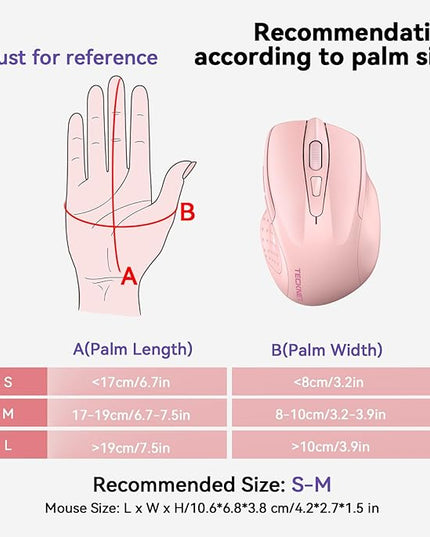 TECKNET Wireless Mouse (BT5.0/3.0 & 2.4G) Rechargeable 4800 DPI Silent USB A & Bluetooth Mouse 6 Buttons, Wide Compatibility - Pink