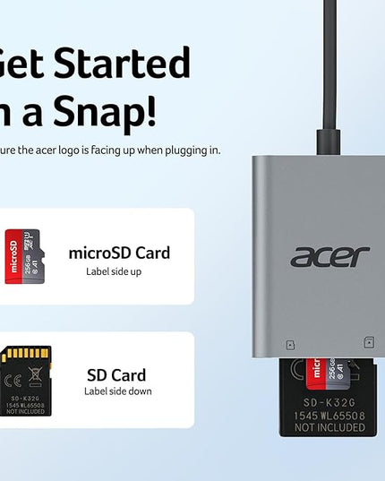 Acer SD Card Reader USB C, Dual Slots Type C to Memory Card Reader, Aluminum Micro SD Card Camera Adapter for MicroSD, SDHC, SDXC, Compatible with iPhone16/15, MacBook, iPad Pro, Android, Laptop