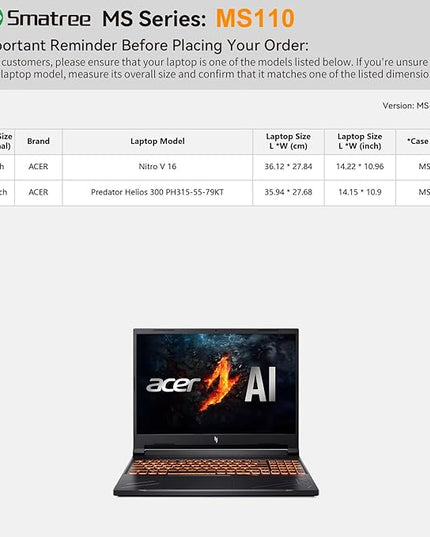 Smatree MS110 Hard EVA Protective Sleeve Case with Stand Compatible for 15.6 inch Acer Predator Helios 300 Gaming Laptop-PH315-55-79KT, for 16 inch Acer Nitro V 16