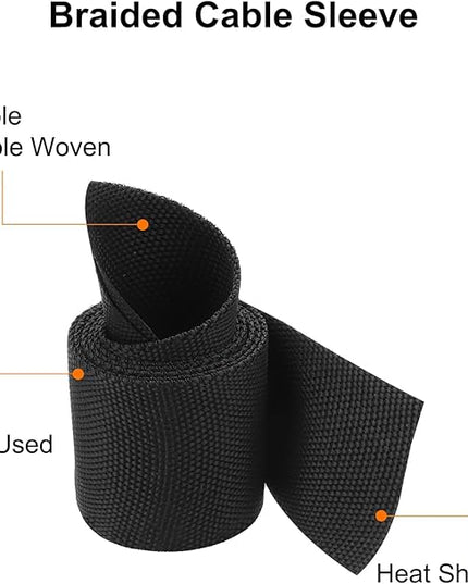 MECCANIXITY Braided Cable Sleeves Heat Shrinkable Fabric Sleeving, 1 3/8" 3ft Black 2:1 Ratio Heat Shrinkable Cord Protector for Harness Cable, Network Cable Protection, Cable Management
