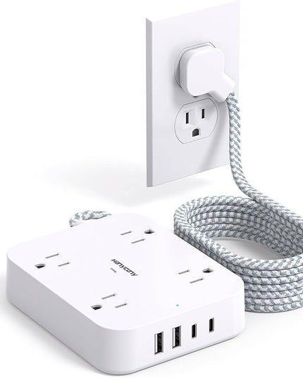 Surge Protector Power Strip 10 Ft Cord, HANYCONY Extension Cord with 4 USB Ports(2 USB C), Desk Power Strip with Long Cord, Flat Plug, Wall Mount for Office Home College Dorm Room Essentials