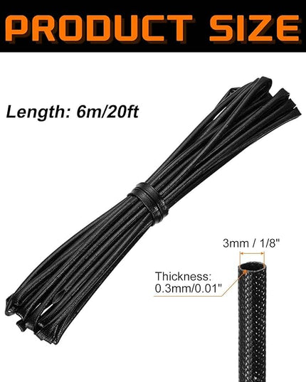 MECCANIXITY 20ft Braided Cable Sleeve, 1/8" ID 200C High Temperature 1500V Fiberglass Wire Insulation Cord Protector Organizer Wires Management for Motor Engine Fuel Line, Black