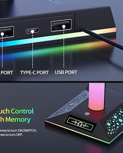 RGB Gaming Headset Stand, LED Headset Holder with 10 Lighting Modes, Headphone Stand Cool Stuff for Boys, Desk PC Gaming Accessories Gifts for Gamers Men Adult, Medium