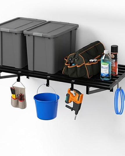 1-Pack Garage Wall Shelves, 2' x 4' Heavy Duty Wall Mounted Storage Rack with 3 Hooks, 250 lbs Capacity, Steel Garage Organization Shelving for Tools, Bins, and Power Equipment