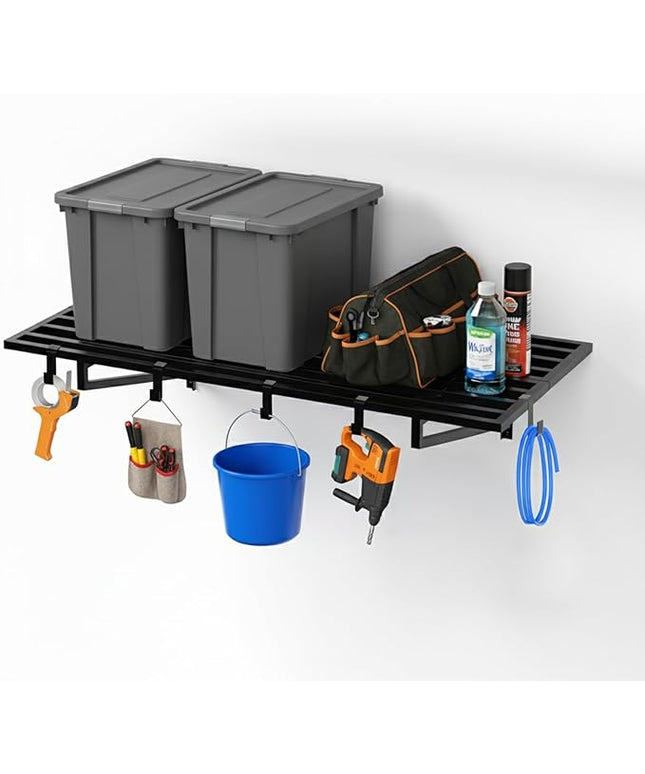 1-Pack Garage Wall Shelves, 2' x 4' Heavy Duty Wall Mounted Storage Rack with 3 Hooks, 250 lbs Capacity, Steel Garage Organization Shelving for Tools, Bins, and Power Equipment